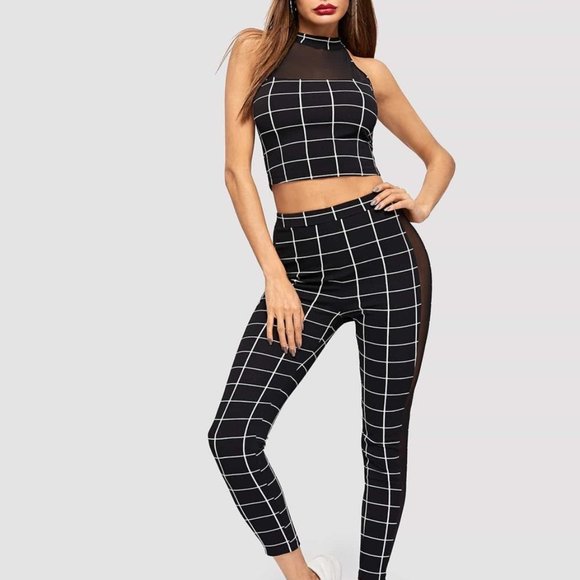 Plaid Crop Top & Leggings with Mesh Insert - Picture 2 of 6